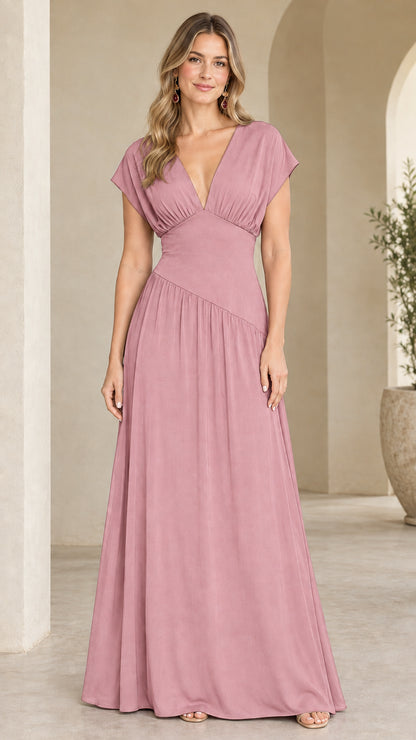 Model wearing dusty rose pleated V-neck evening maxi gown