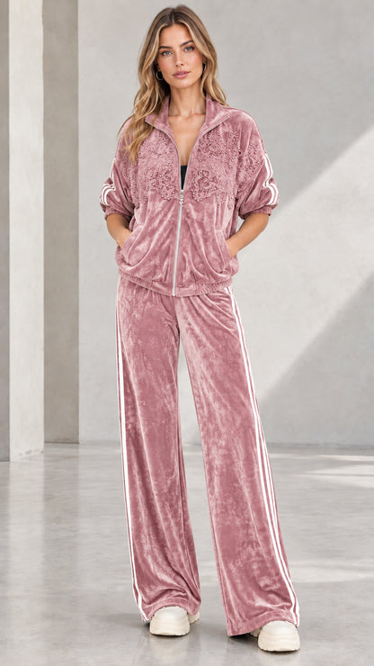 Full-length front view of woman wearing Dusty Pink embellished velvet tracksuit set