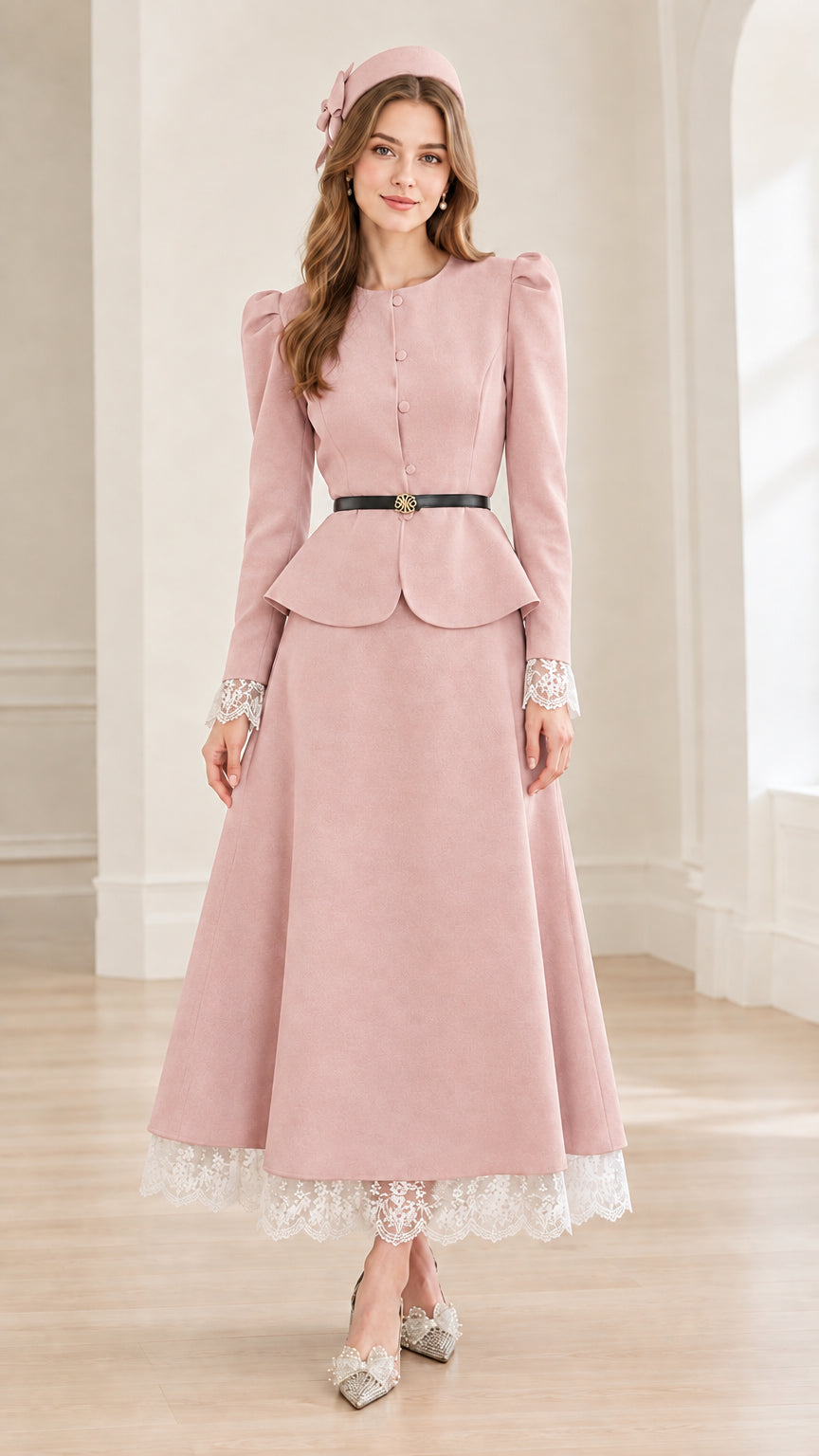 Front view of woman wearing dusty pink vintage peplum jacket and maxi skirt set