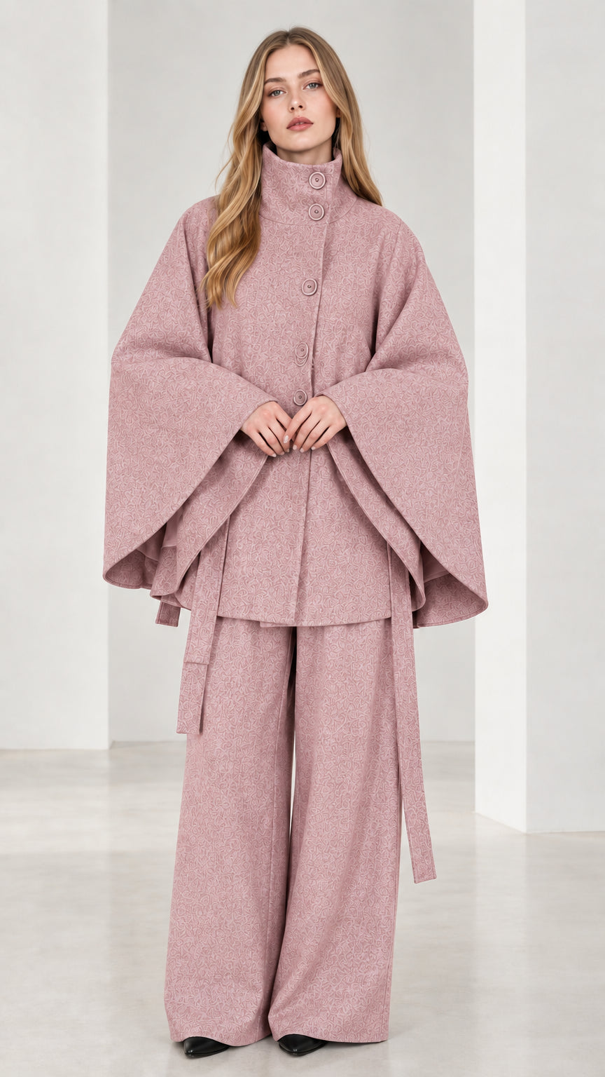 Front view of dusty pink high neck belted cape coat and wide-leg trousers set