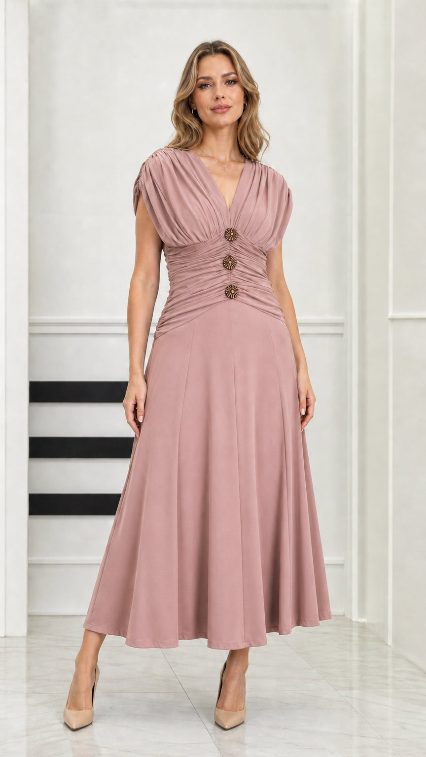Front full-length view of model wearing dusty pink ruched waist V-neck midi dress