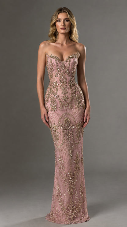 Front view of model wearing blush pink and gold strapless beaded evening dress