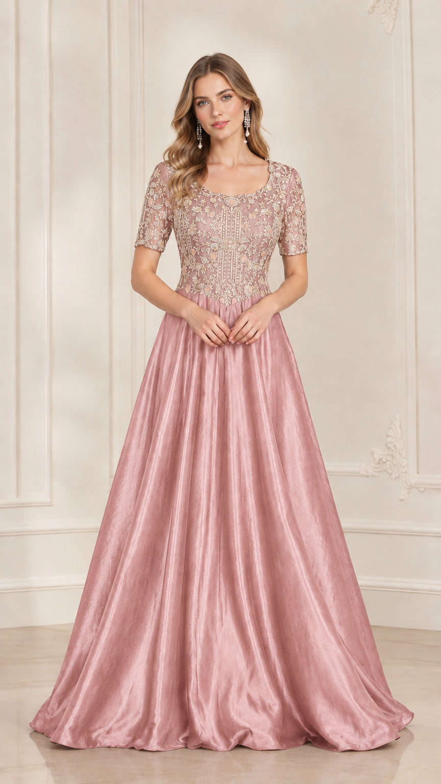 Front view of model wearing Dusty Rose beaded bodice floor-length gown