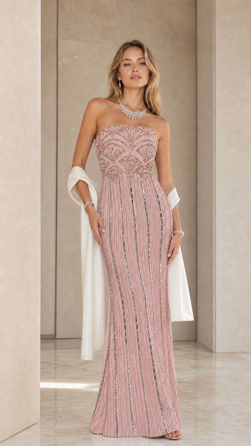 Blush pink strapless embellished formal maxi dress with shawl - front view