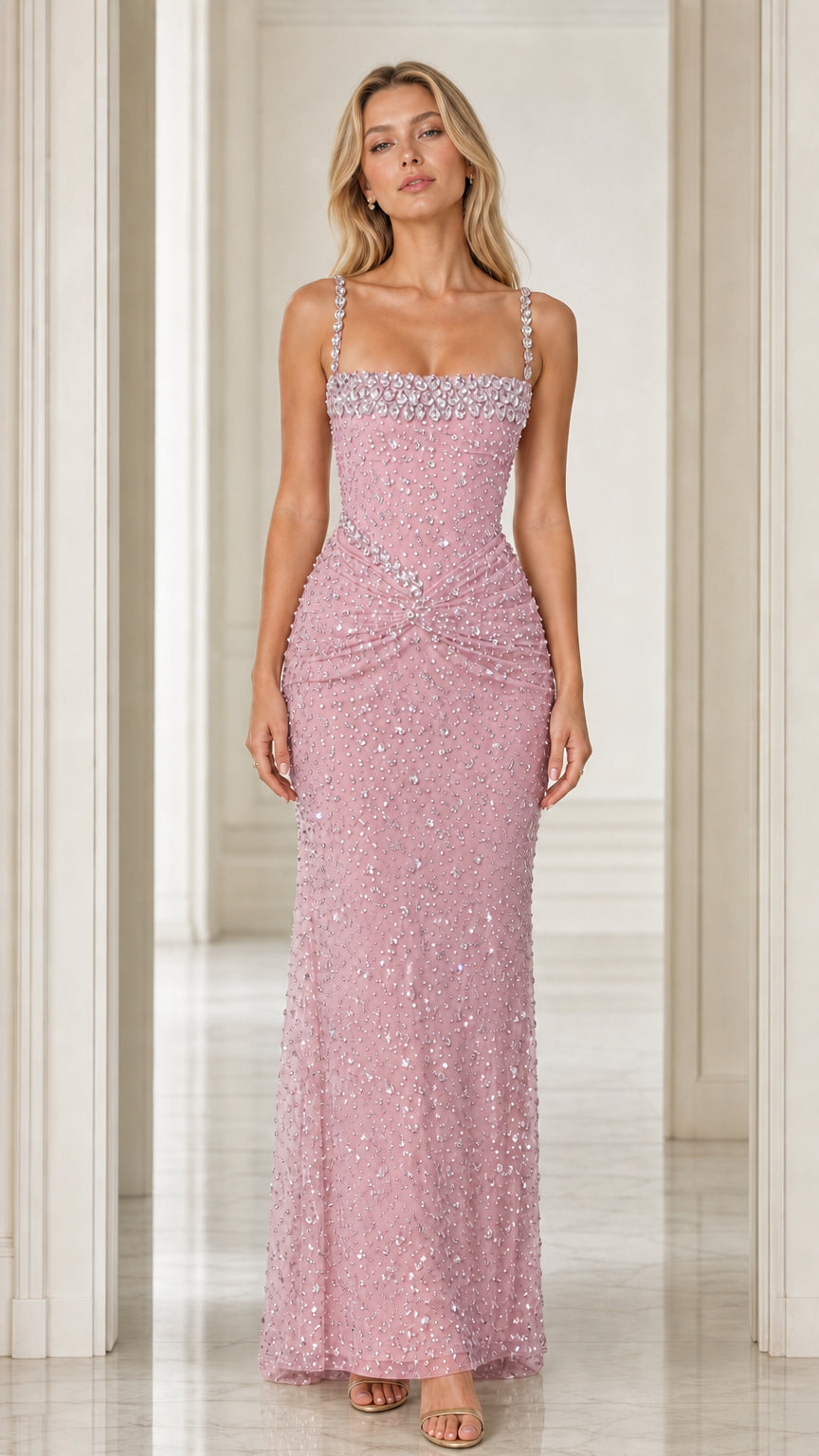 Front view of Blush Pink crystal embellished ruched evening dress