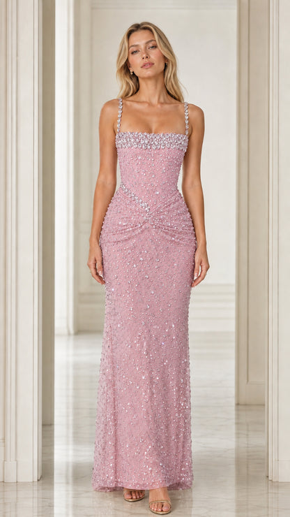 Front view of Blush Pink crystal embellished ruched evening dress