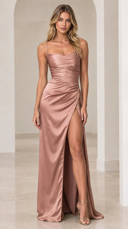 Dusty rose pink ruched satin floor-length evening dress with high slit