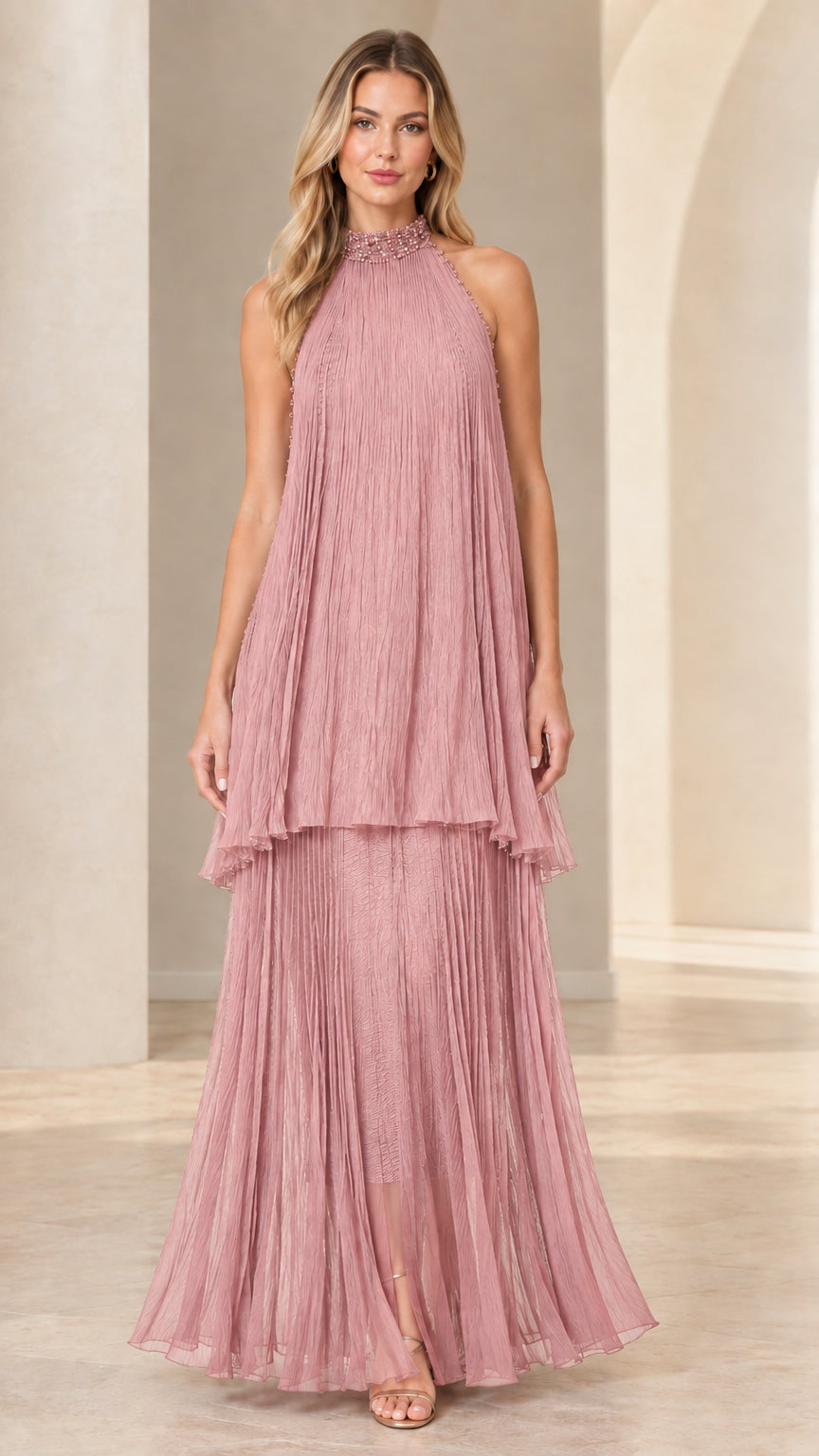 Dusty Pink pleated tiered halter neck maxi dress