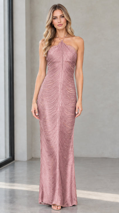 Front view of model wearing halter neck lace trim maxi dress in Dusty Rose