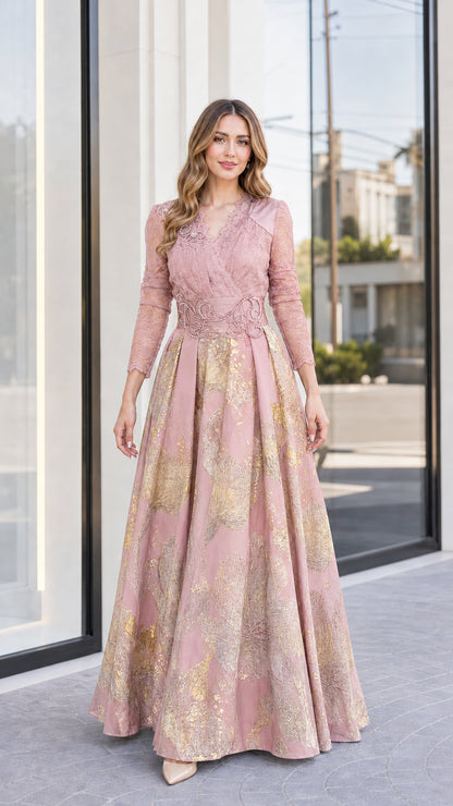 Dusty pink and gold metallic floral lace maxi evening dress