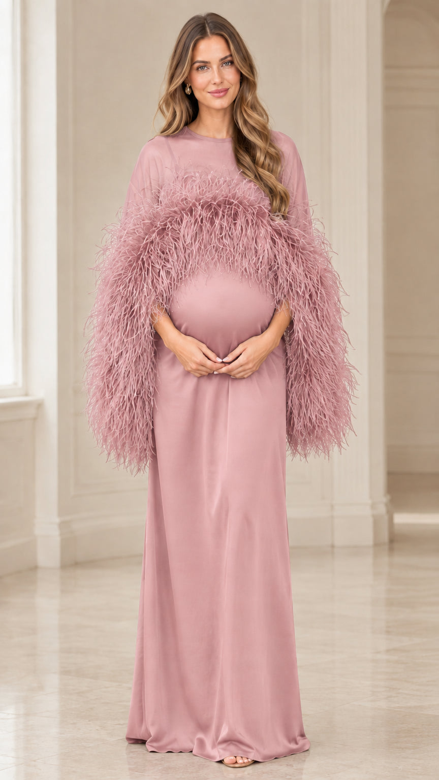 Dusty rose feather trim maternity evening gown