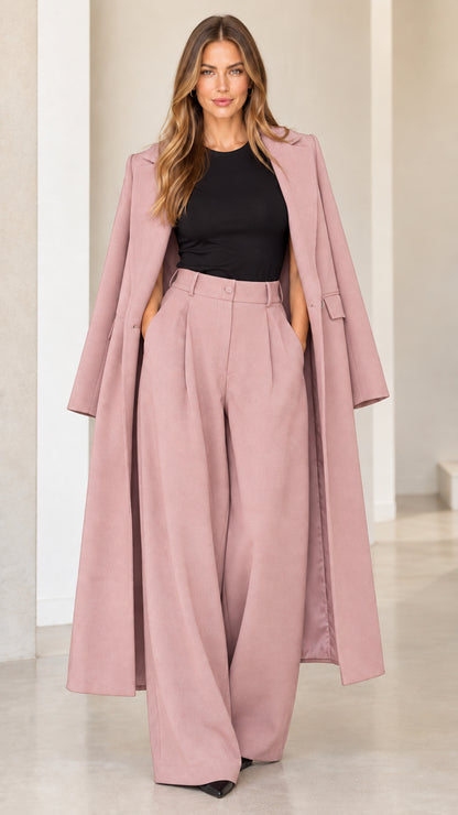 Dusty Pink cape duster coat and wide leg palazzo trousers set