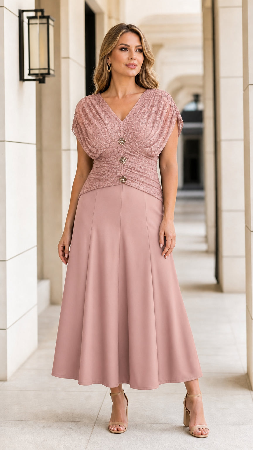 Model wearing dusty rose pink ruched V-neck formal midi dress