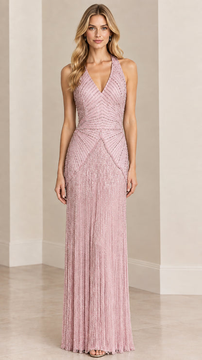 Model wearing Dusty Pink halter V-neck beaded fringe maxi formal dress