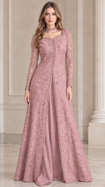 Dusty rose beaded lace overlay formal evening gown