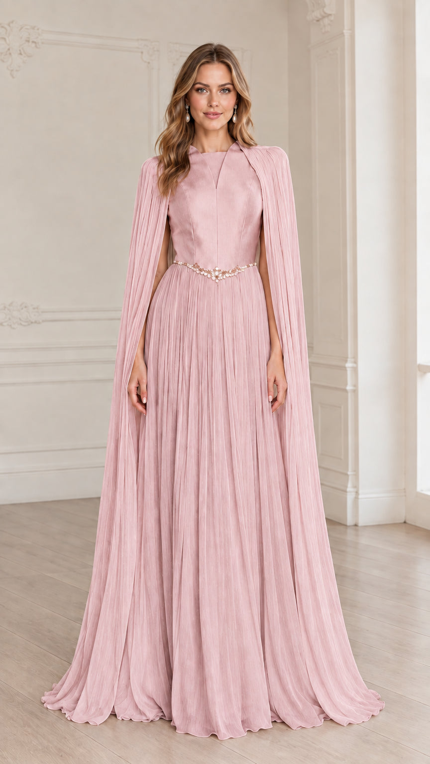 Full-length dusty pink pleated cape sleeve formal dress