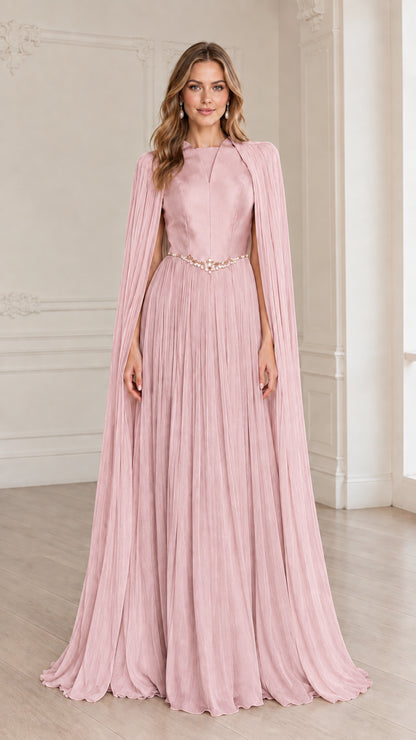 Full-length dusty pink pleated cape sleeve formal dress