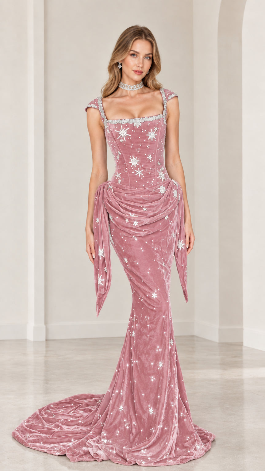 Dusty pink velvet celestial embellished evening gown