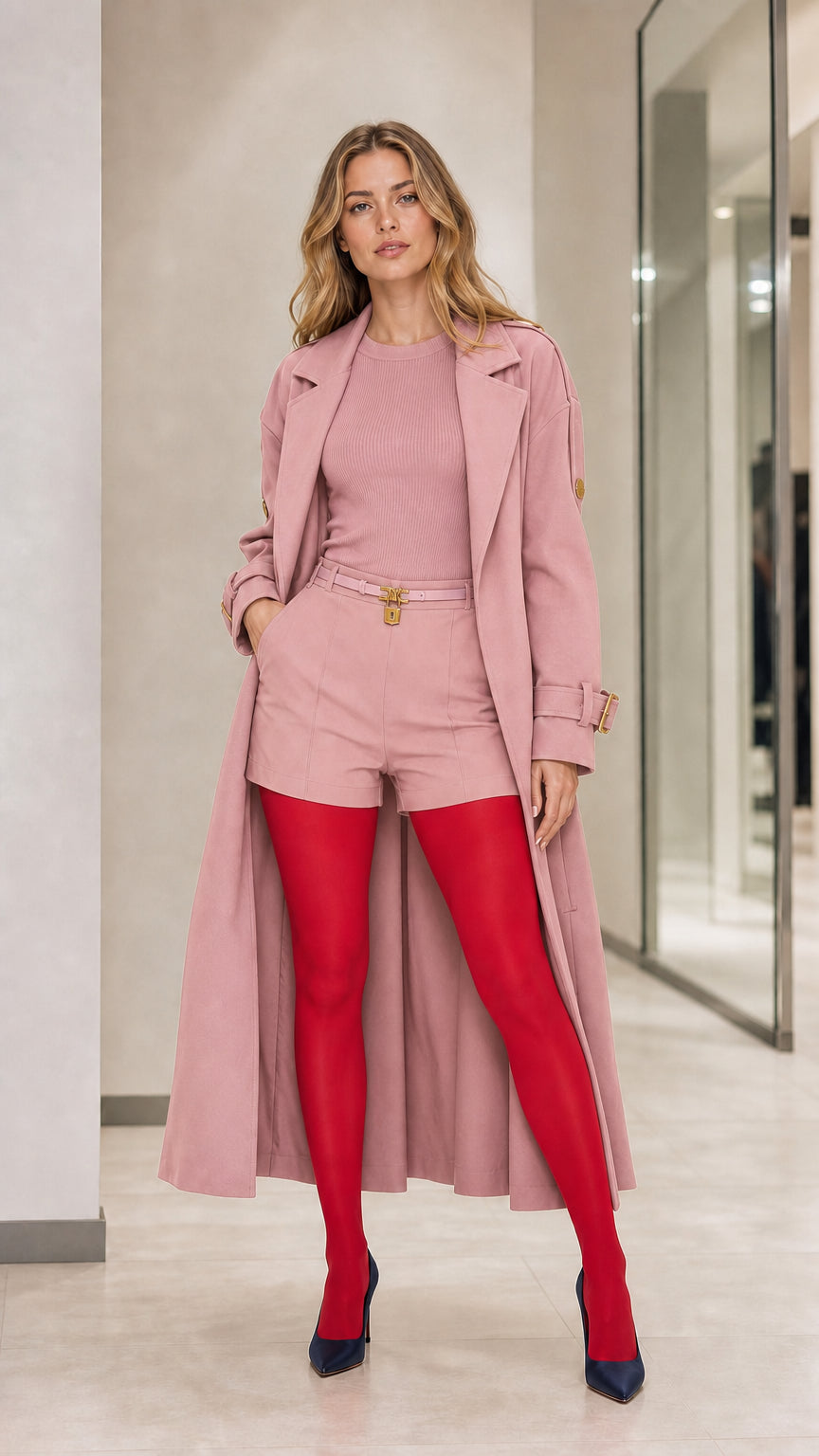 Full front view of model wearing Dusty Pink longline belted trench coat