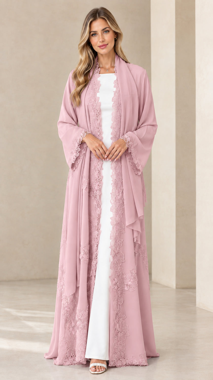 Front view of model wearing dusty pink lace-trimmed long chiffon duster robe