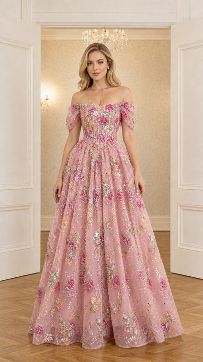 Blush pink off-the-shoulder floral embroidered formal dress