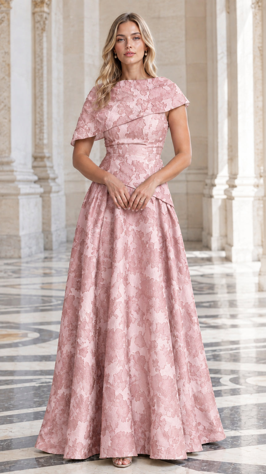 Model wearing Blush Pink floral jacquard floor-length formal gown