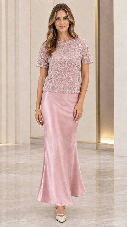 Front view of dusty rose beaded lace and satin maxi evening dress