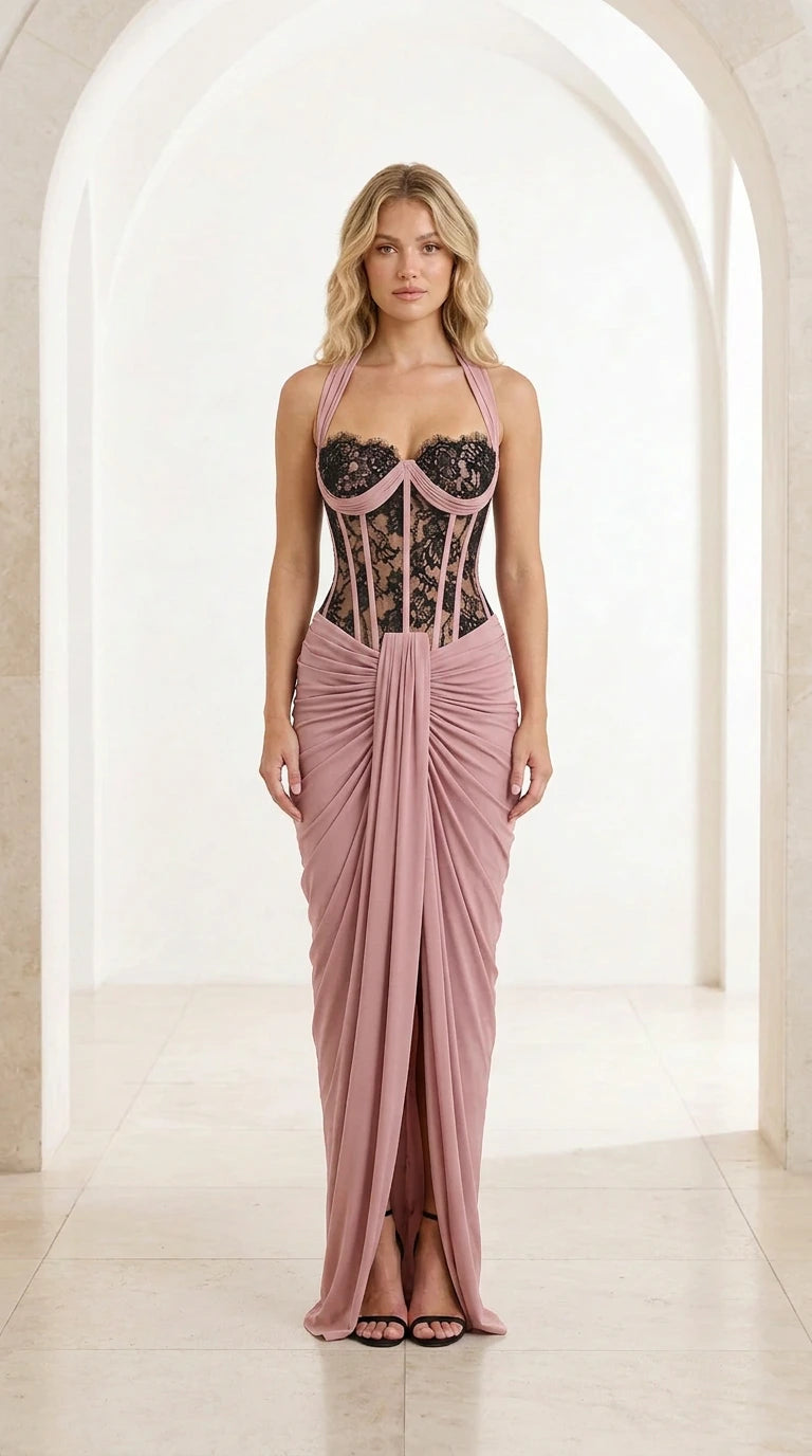 Front view of dusty pink halter lace corset draped maxi gown