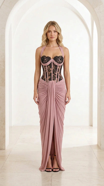 Front view of dusty pink halter lace corset draped maxi gown