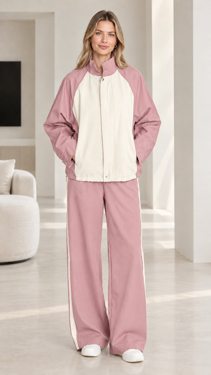 Dusty rose pink and cream colorblock two-piece tracksuit set on model