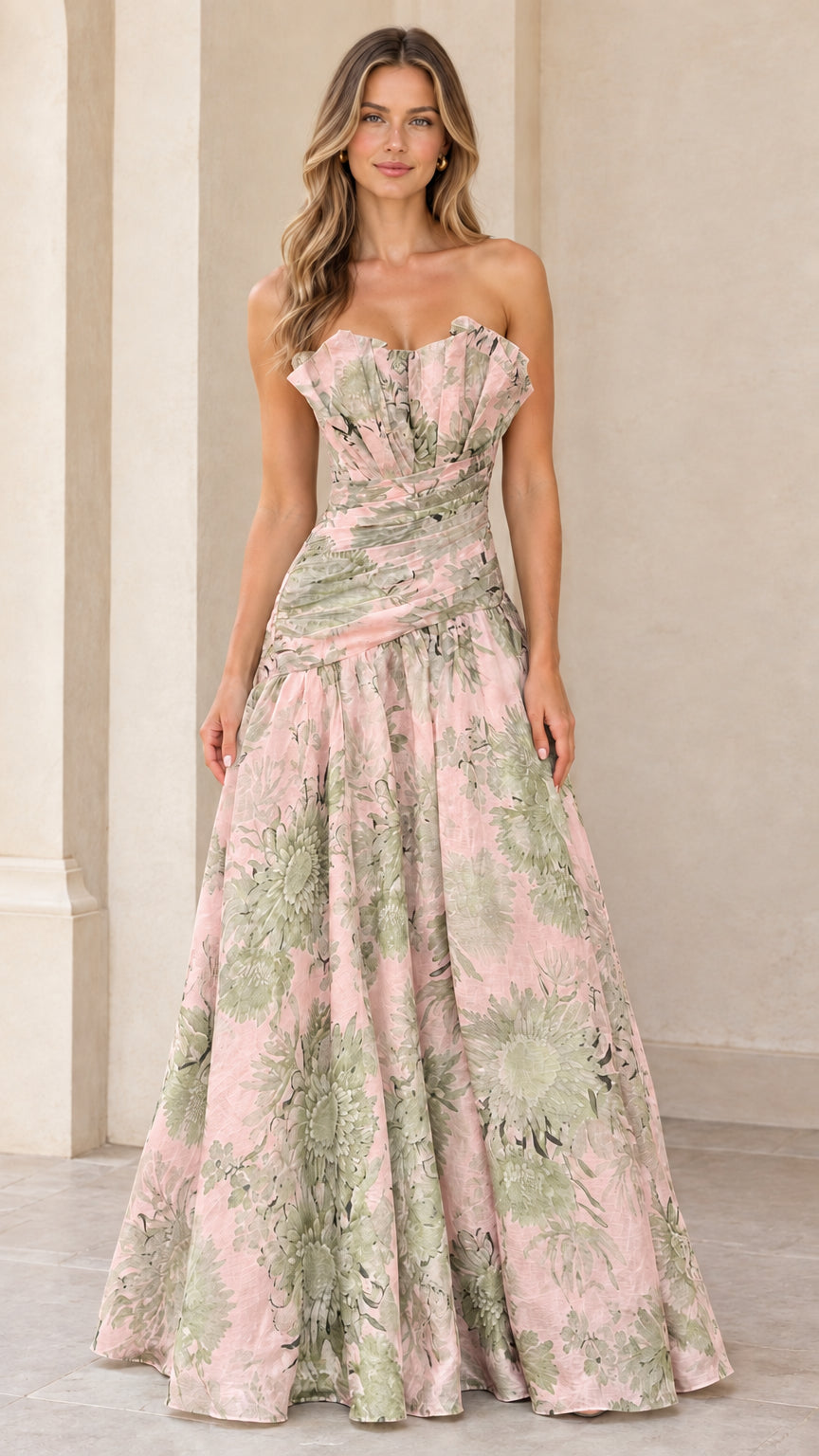 Full-length blush pink floral strapless A-line evening gown