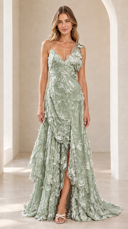 Front view of model wearing the sage green 3D floral tiered lace maxi evening dress