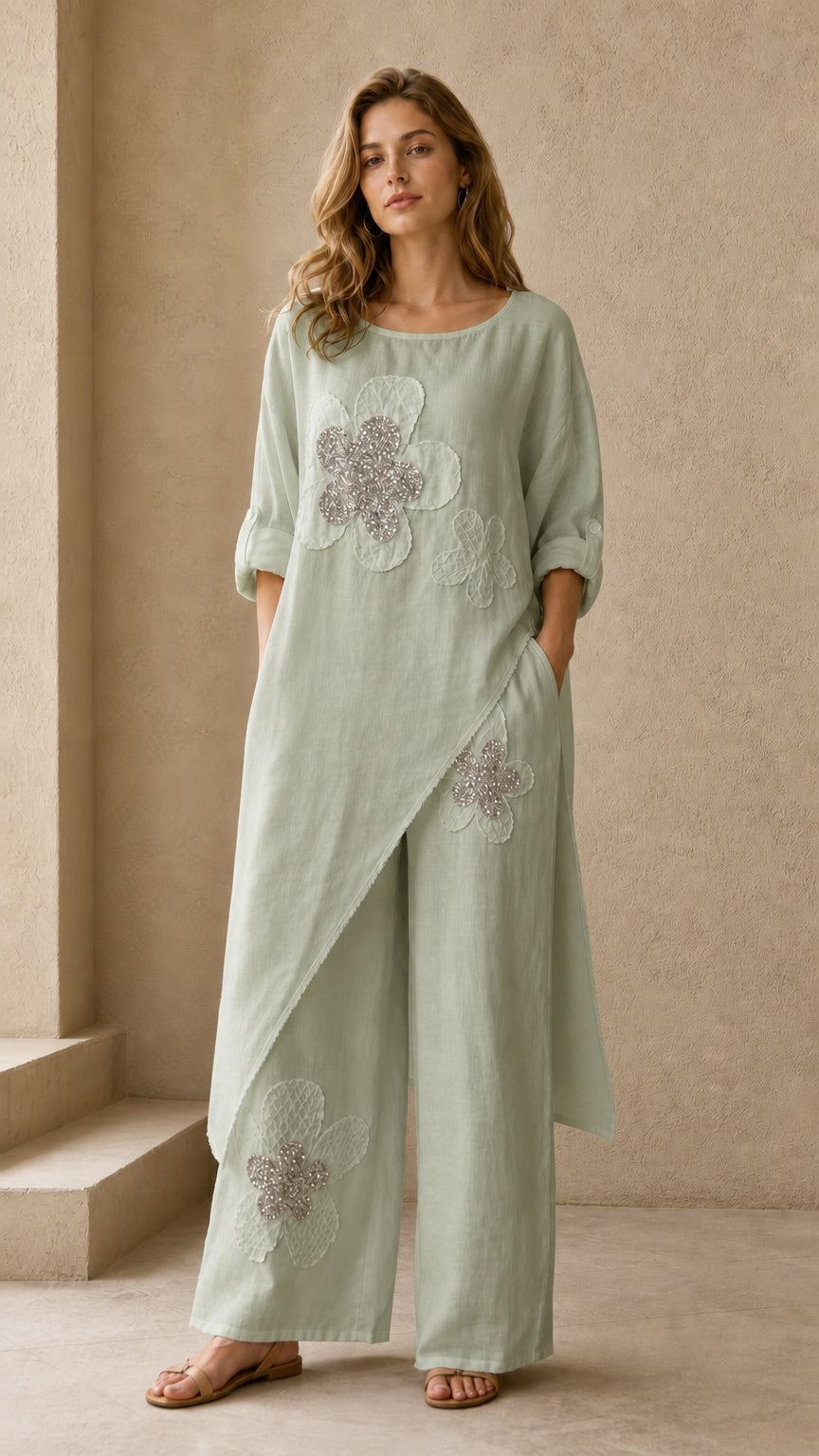 Sage green relaxed two piece asymmetric tunic and trousers set