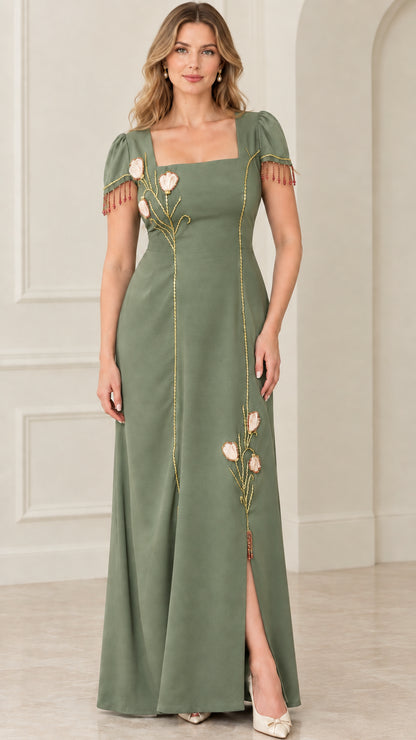 Sage green square neck evening gown with botanical embroidery and beaded fringe