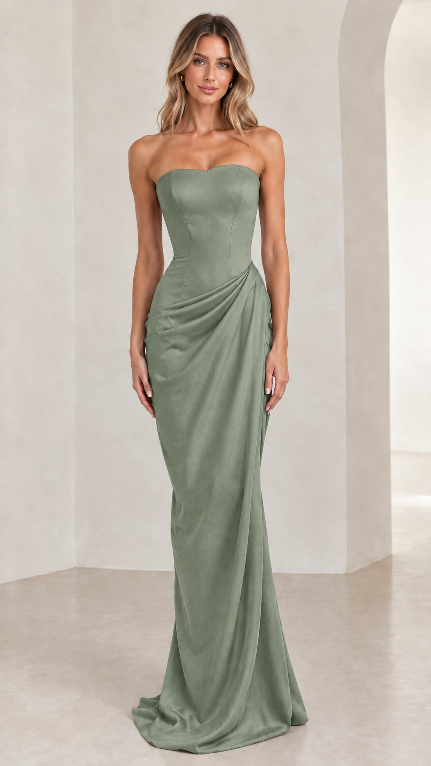 Model wearing sage green strapless draped maxi formal evening dress