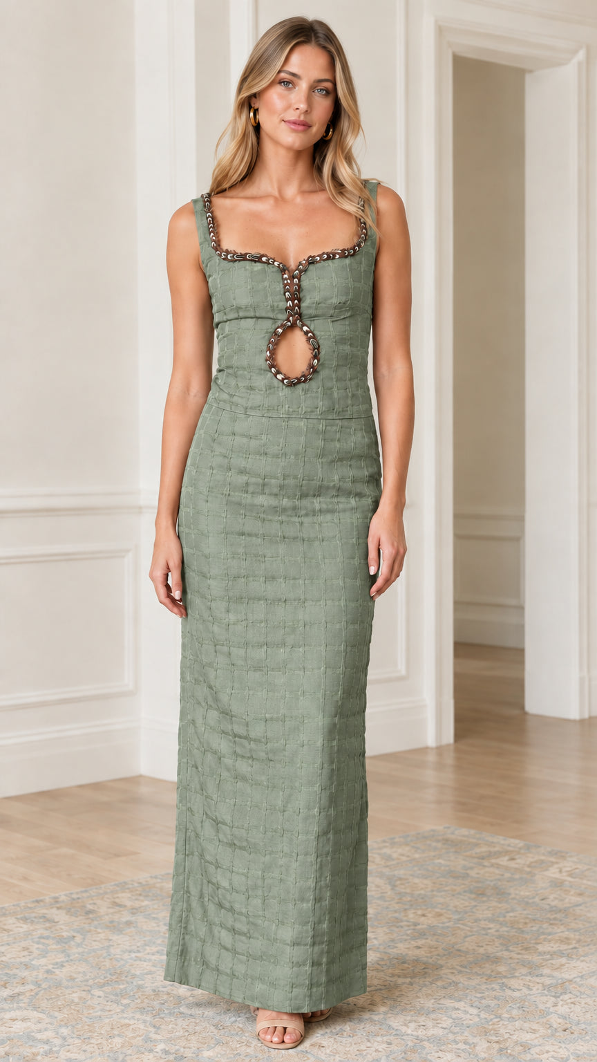 Sage green textured column maxi gown with embellished keyhole detail