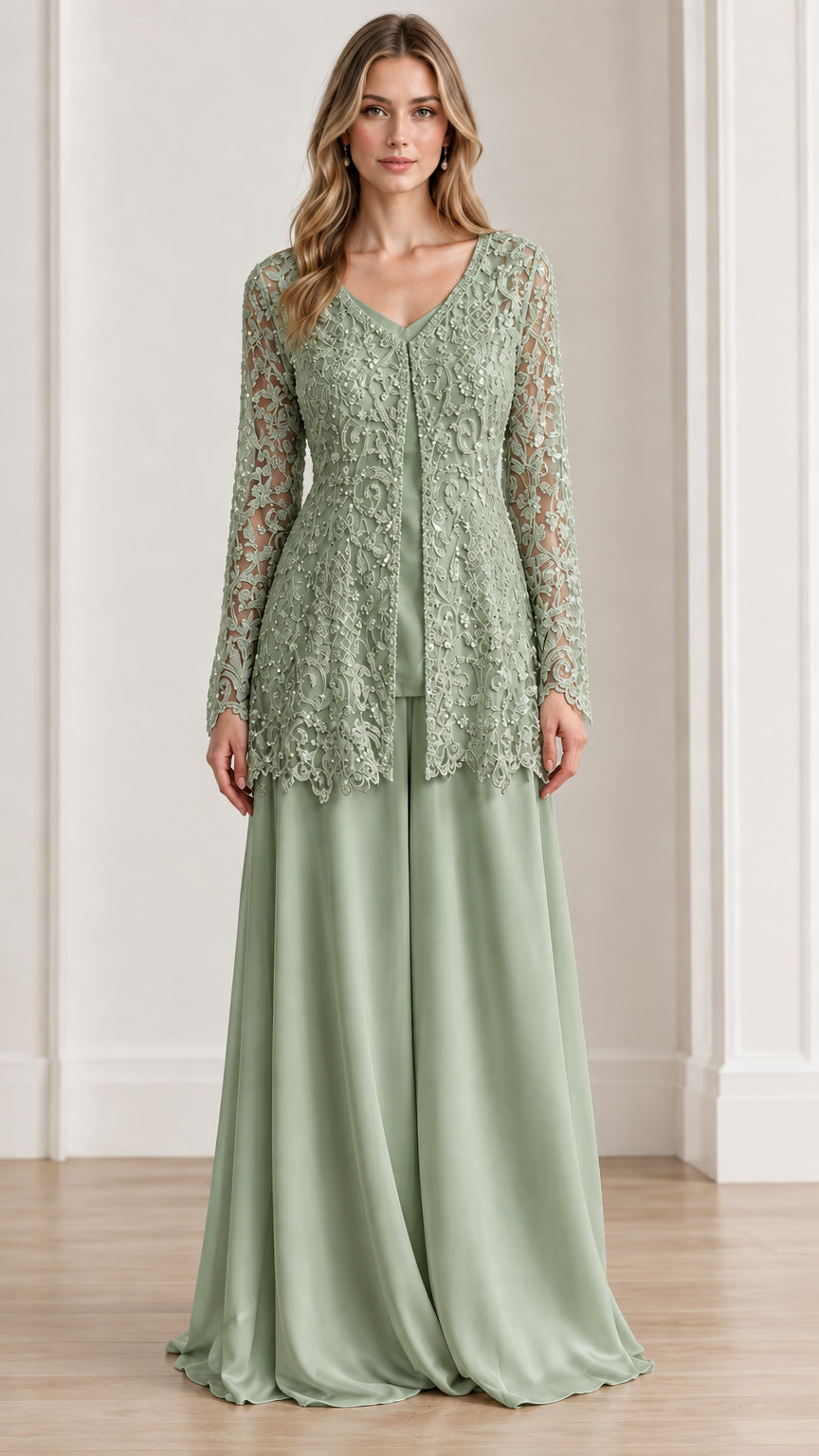 Sage Green women's lace evening jacket with matching wide-leg trousers