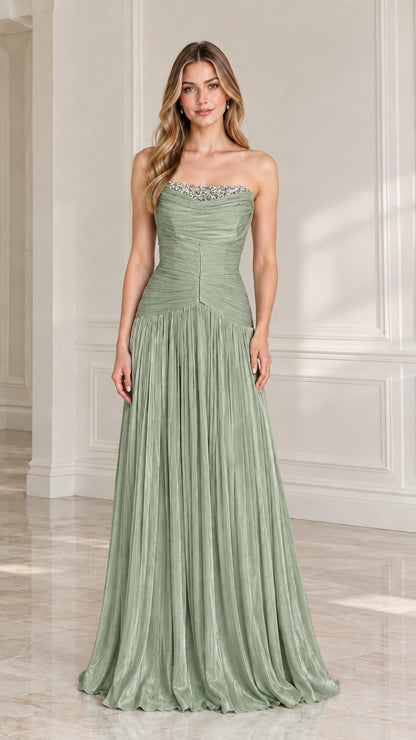 Full-length sage green strapless pleated formal maxi dress