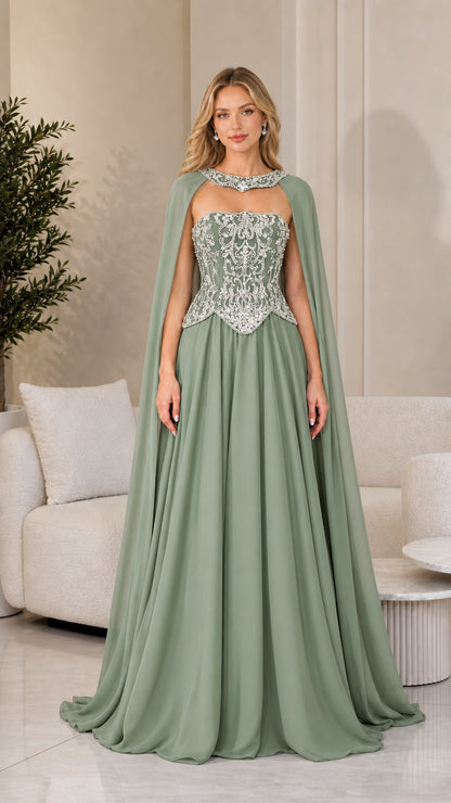 Front view of sage green cape evening dress with crystal embellishments