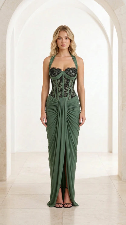 Front view of sage green halter lace corset draped maxi gown