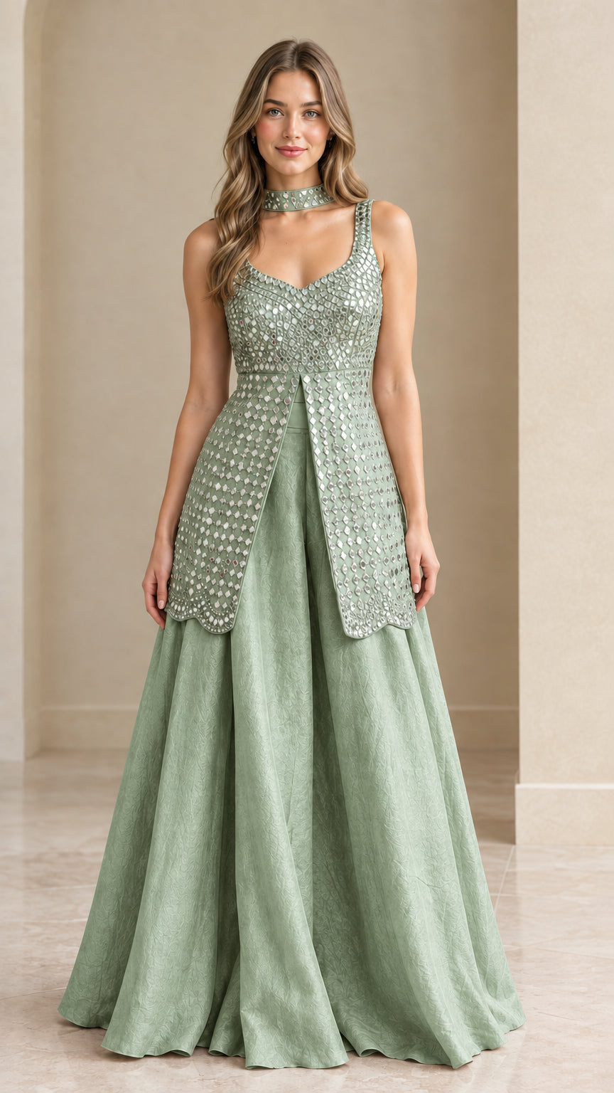 Model wearing Sage Green embellished sleeveless top and floor length skirt set