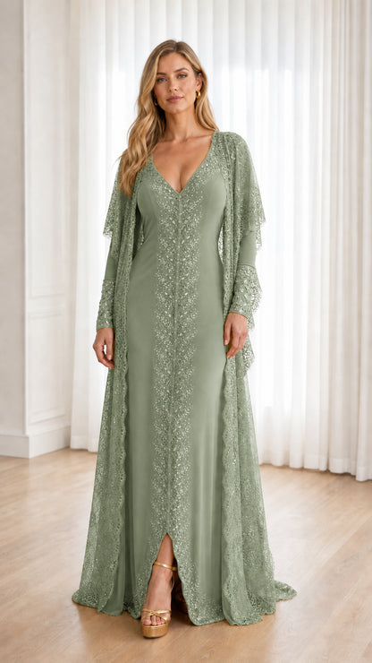 Sage green sequin embroidered evening gown with matching lace jacket set