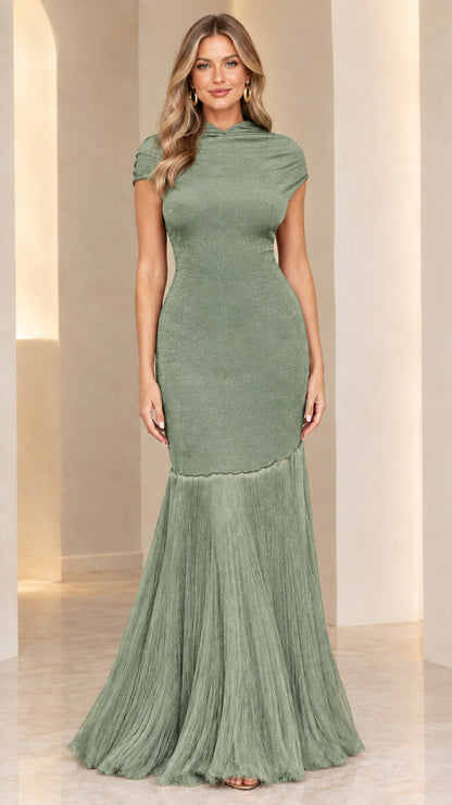 Sage Green cap sleeve textured mermaid formal gown with fringe hem