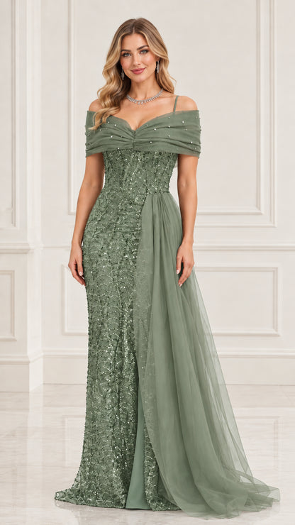 Model wearing sage green sequin evening dress with tulle drape