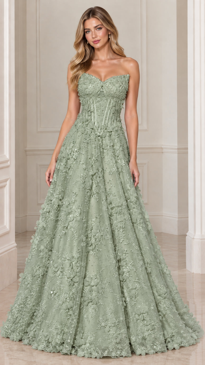 Front view of model wearing Sage Green strapless sweetheart 3D floral corset evening gown