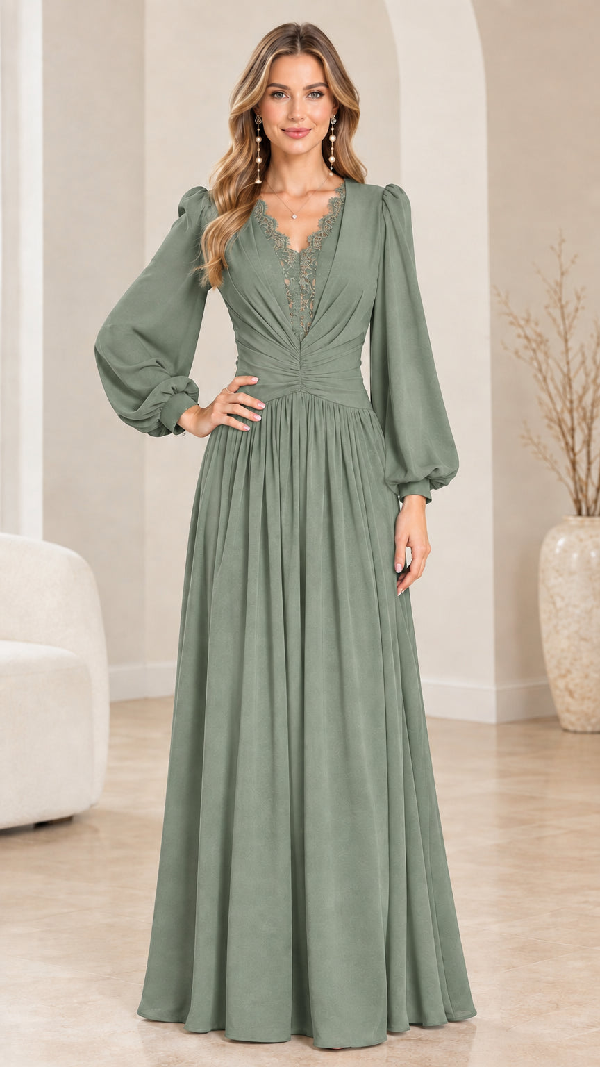 Sage green long sleeve lace V-neck evening maxi dress on model