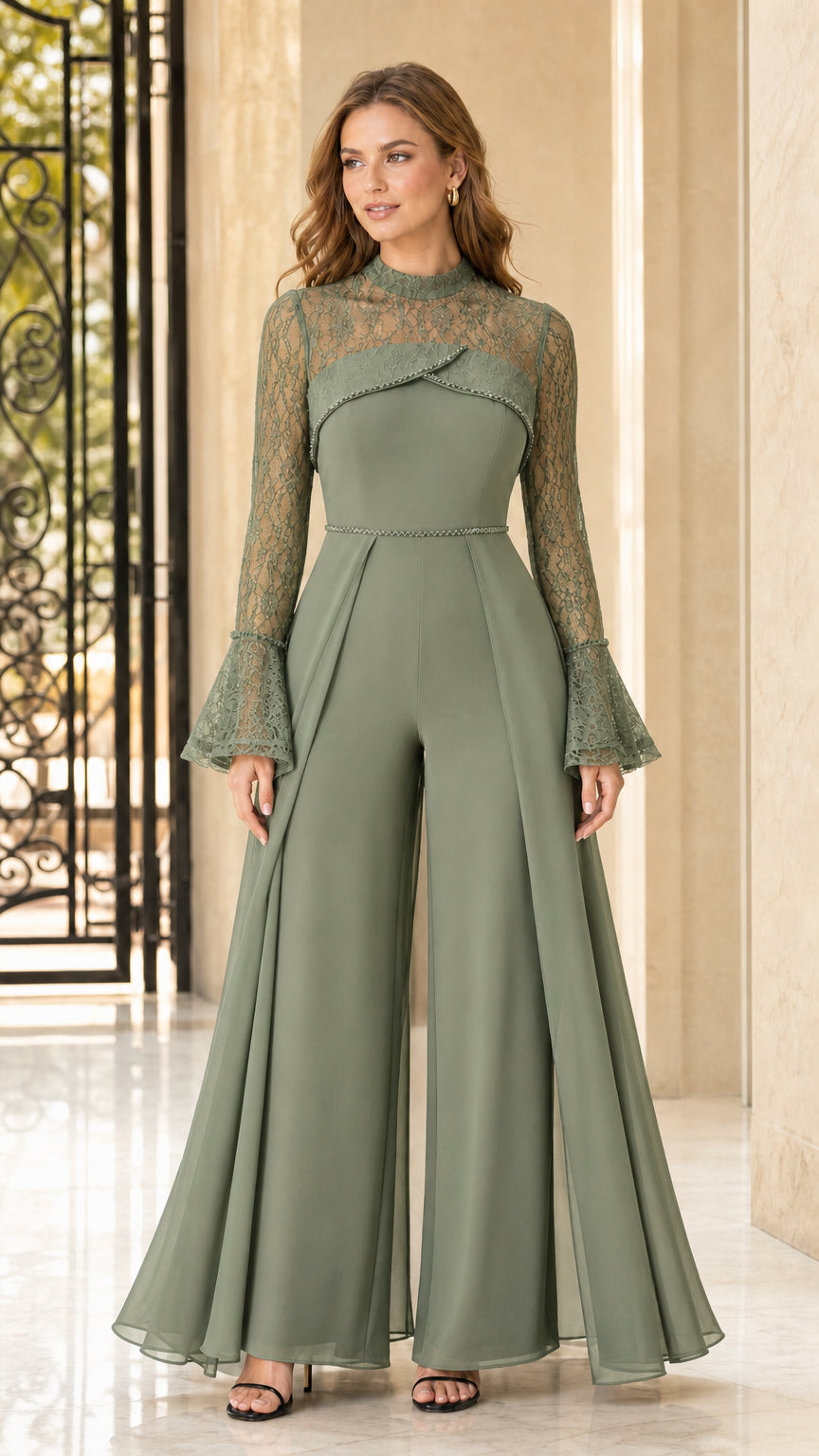 Full front view of sage green lace mock neck wide-leg jumpsuit with flowing chiffon panels