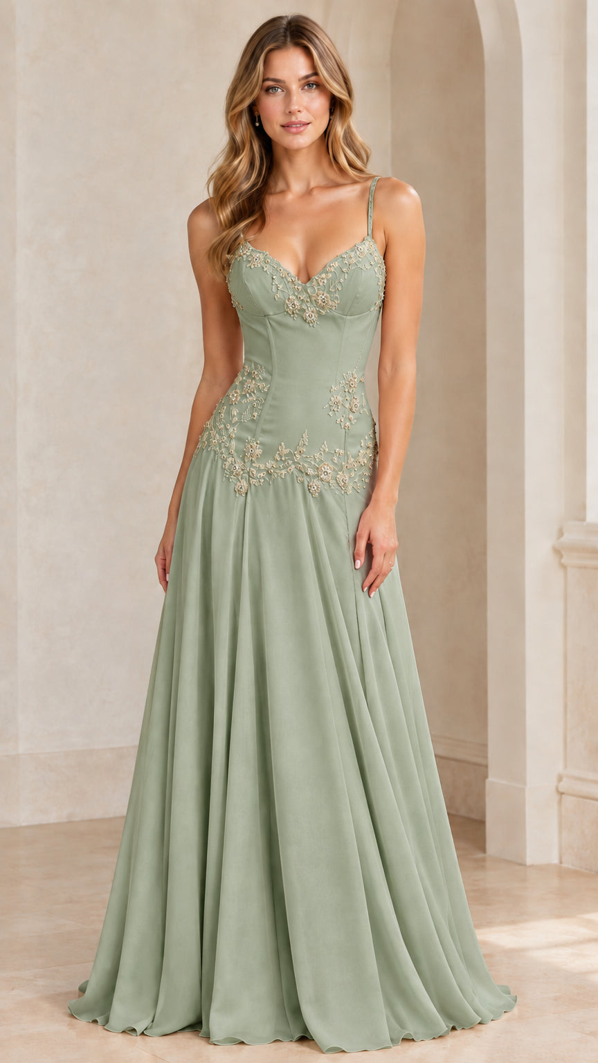 Model wearing sage green A-line evening dress with embroidered corset bodice