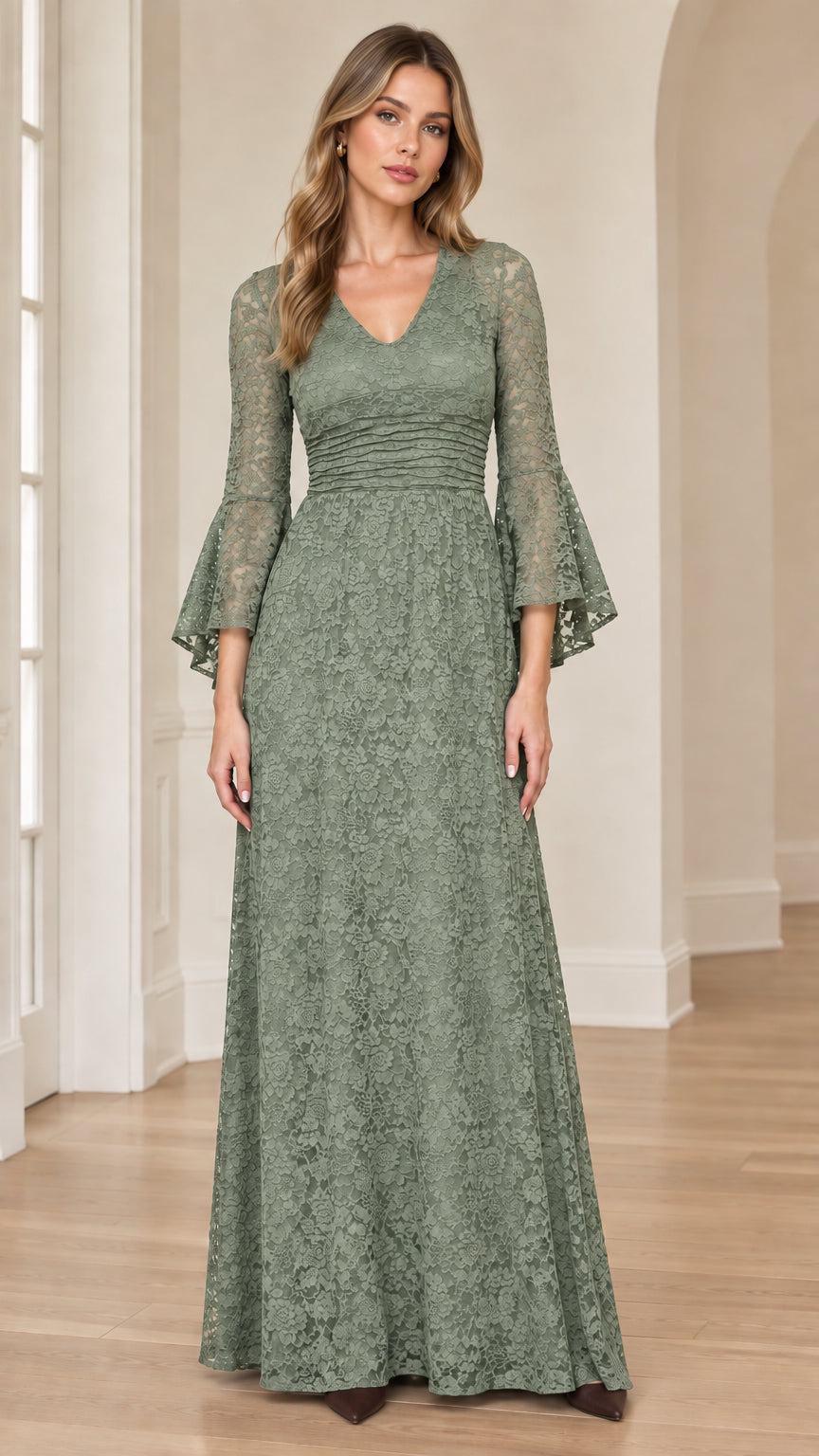 Front view of sage green floral lace maxi gown with bell sleeves