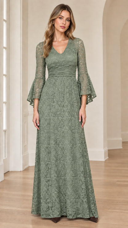 Front view of sage green floral lace maxi gown with bell sleeves